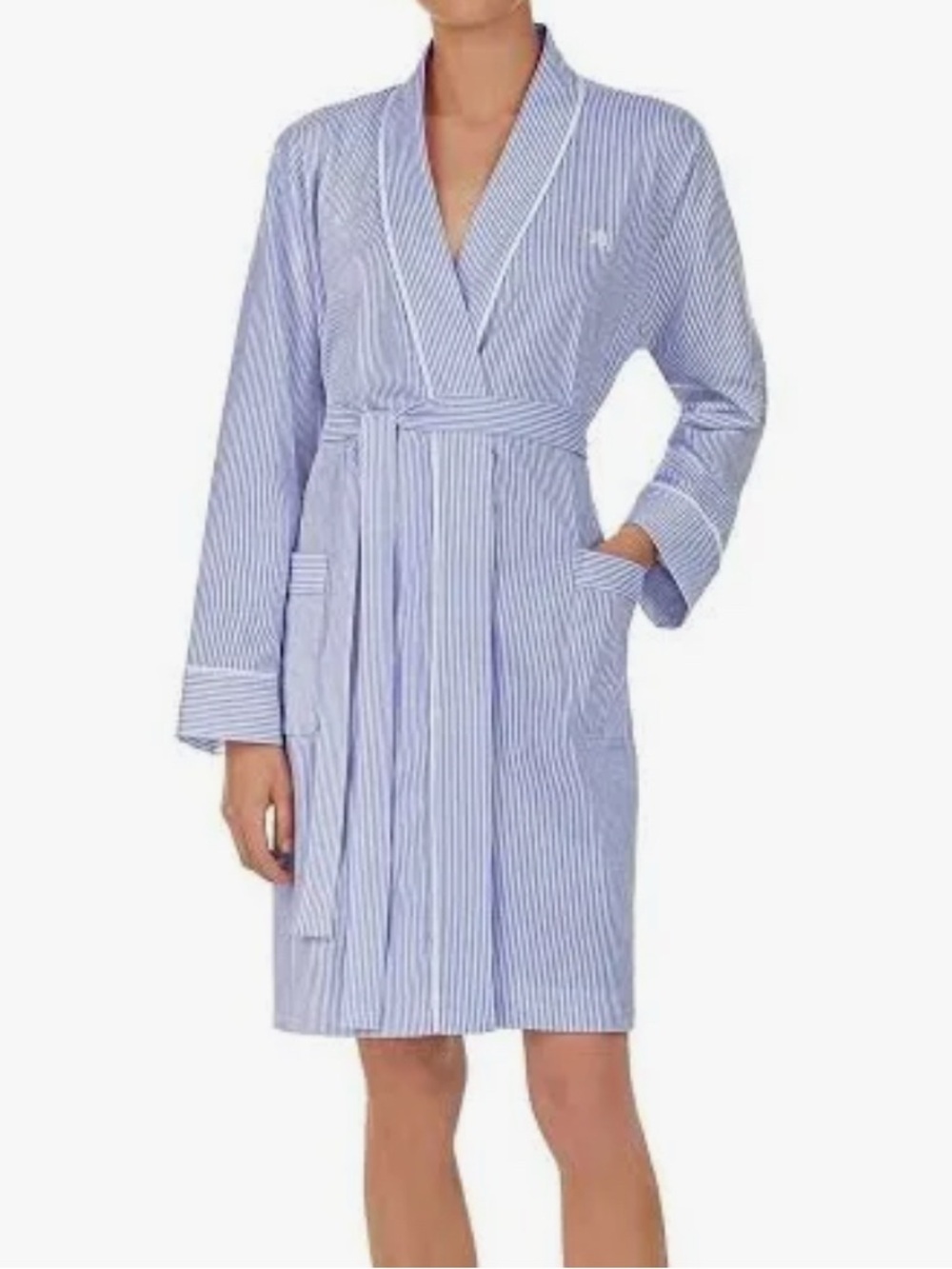 Ralph Lauren Women Sz S Blue White Striped Interlock Shawl-Collar Robe Cotton BL